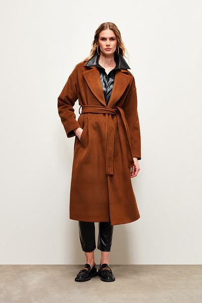 Sateen Belted Casual Coat - Brown Color