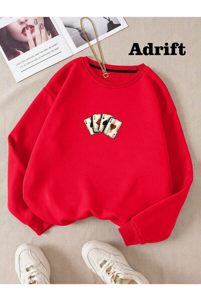 Adrift Πολύχρωμο βαμβακερό φούτερ με λαιμόκοψη μεγάλου μεγέθους κόκκινο