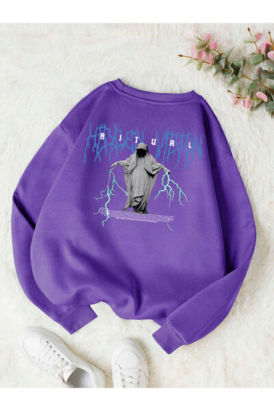 Adrift Hanorac din bumbac cu decolteu oversize de culoare albastră Ritual violet