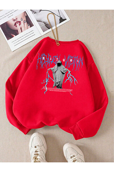 Adrift Hanorac din bumbac cu decolteu oversize de culoare albastru ritual roșu