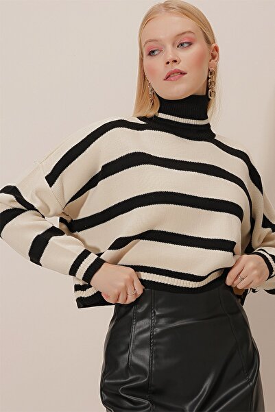 HAKKE Turtleneck Crop Striped Knitwear Crop SWEATER