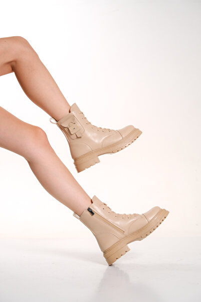 ZİESCE WOMEN'S NUDE BAG BUCKLE DETAILED SIDE ZIPPER LACE-UP BOOTS POSTAL