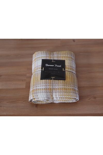 BARANO YUSSİ Cotton Blanket Double Mustard Beige Plaid Soft Waffle Textured Room Blanket
