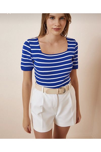 plentifulness Bluză din tricot cu dungi cu gât pătrat pentru femei (dimensiune standard)