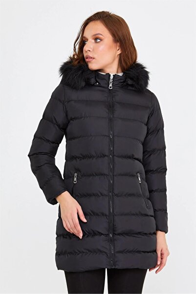 MÜREVVA Women's Black Removable Hooded Puffer Thick Coat&Coat