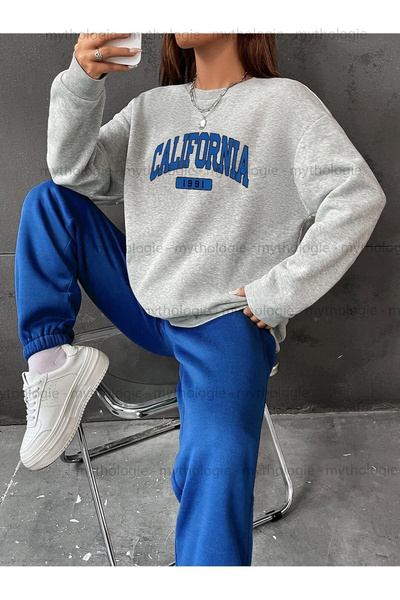 Mythologie California Printed Top-Bottom Suit Combination - Gray Sax Blue Jogger Rubber Leg Crew Neck Oversize