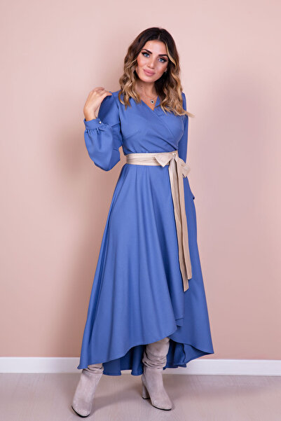 NO48 Μακρυμάνικο φόρεμα με διπλό στήθος με αξεσουάρ τζιν μπλε ασύμμετρη κρέμα ψεύτικη ζώνη