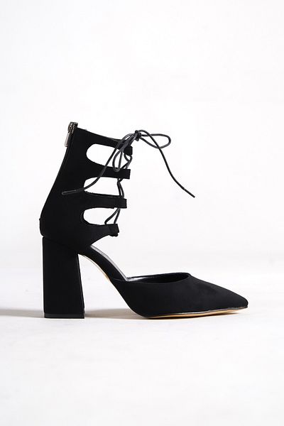 Modabuymus Stiletto negru cu toc gros și șireturi la gleznă