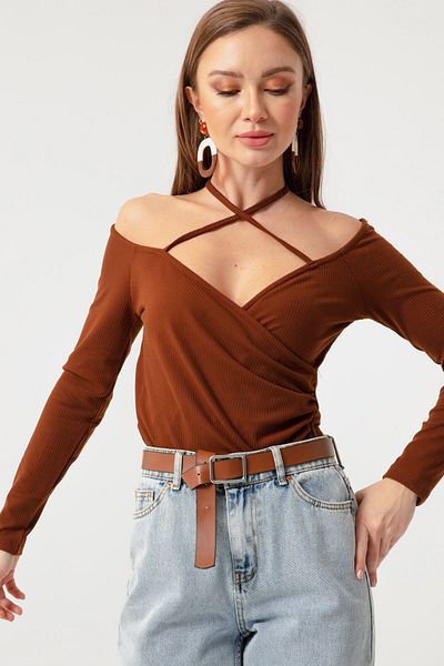 Lafaba Women's Brown Tied Knitted Blouse