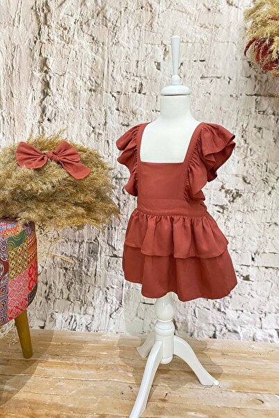 Shecco Babba Frilly Tile Girl's Linen Dress Bandana Set 1-10 Years Old Birthday Dress