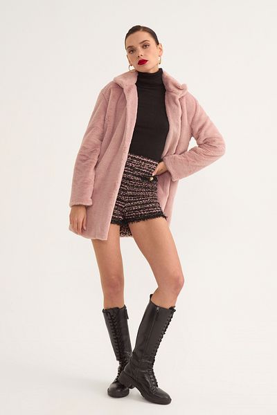 Sateen Leopard Lined Plush Coat - Powder