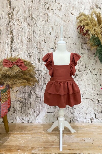 Shecco Babba Frilly Tile Girl's Linen Dress Bandana Set 1-10 Years Old Birthday Dress