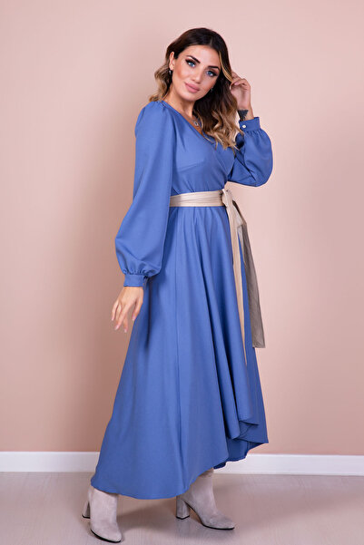 NO48 Μακρυμάνικο φόρεμα με διπλό στήθος με αξεσουάρ τζιν μπλε ασύμμετρη κρέμα ψεύτικη ζώνη