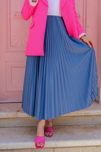 LOCCO Kadın Deri Görünümlü Beli Lastikli Uzun Piliseli Etek Mavi