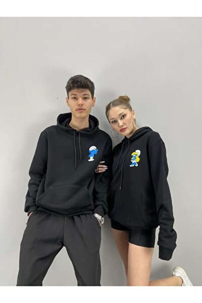 Benisengiydir Unisex Black Smurfs Printed Hoodie Lover Couple Combination Set of 2