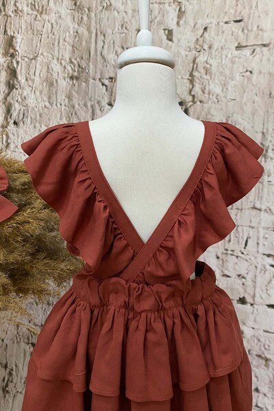 Shecco Babba Frilly Tile Girl's Linen Dress Bandana Set 1-10 Years Old Birthday Dress