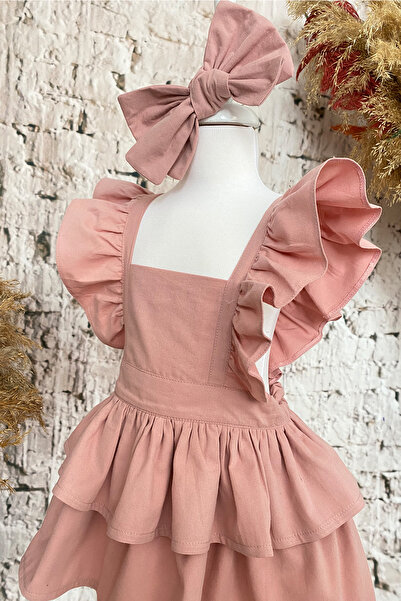 Shecco Babba Pink Girl's Dress with Ruffled Straps and Layers Bandana Set 1-10 Years Old Birthday Dress