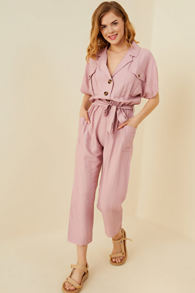 soBasic Powder Belted Jumpsuit with Elastic Waist and Pocket Detail