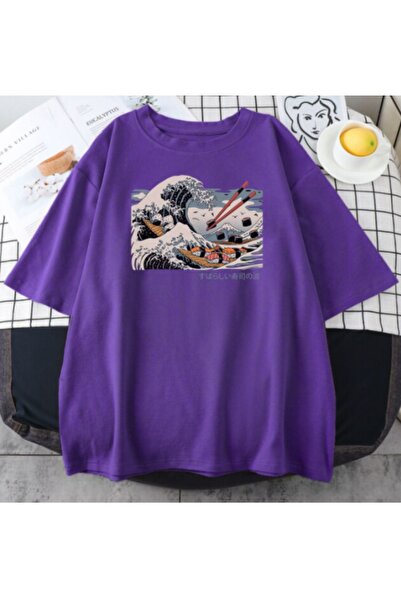 Benisengiydir تي شيرت برقبة دائرية مقاس كبير مطبوع عليه موجة يابانية أرجواني ...