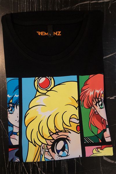 remonz Tricou negru oversize, 10% bumbac, imprimat echipa Sailor Moon