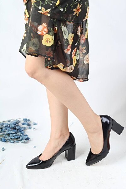 Modabuymus Black Patent Leather Thick Heel Stiletto Women's Shoes - Erkly