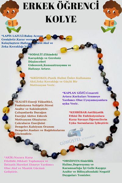 GÜMÜŞTEL EL SANATLARI Certified Men's Student Necklace Lapis Lazuli Amber Sodalite Calcite K Eye Chrysocolla Agate Obsidian