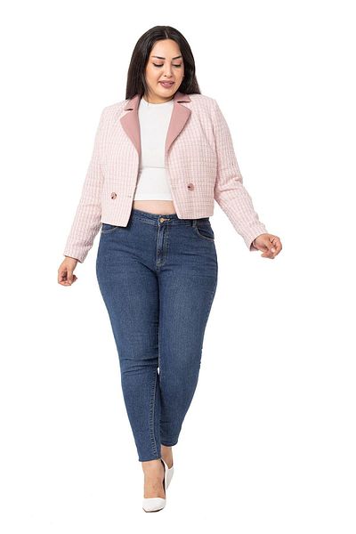 DISENTIS MODEST Large Size Double Breasted Leather Lined Short Pink Jacket
