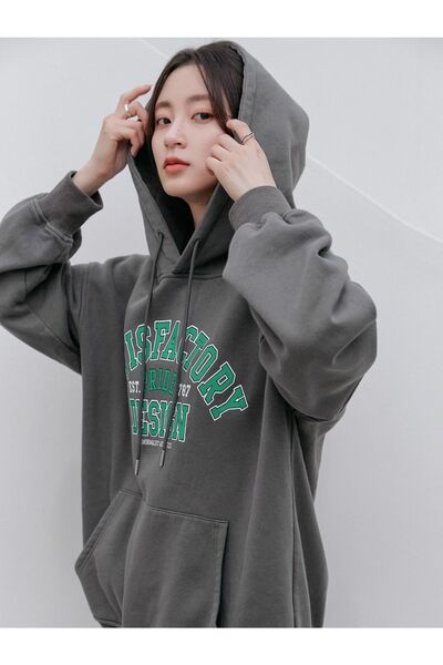 Benisengiydir Women's Anthracite Satisfactory Printed Oversize Hooded Sweatshirt