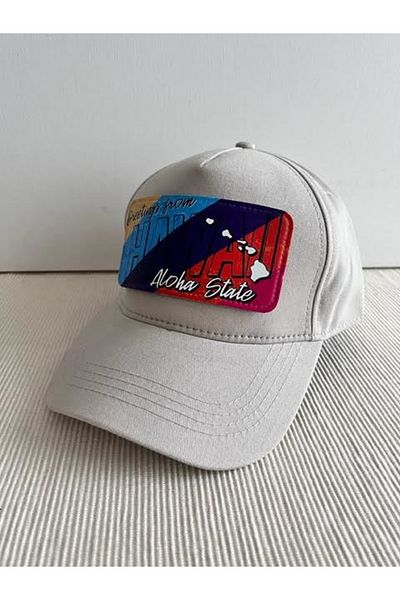 CosmoOutlet Havana Aloha State Illustrated Removable Logo Adjustable Unisex Sticker Mesh Ecru Hat