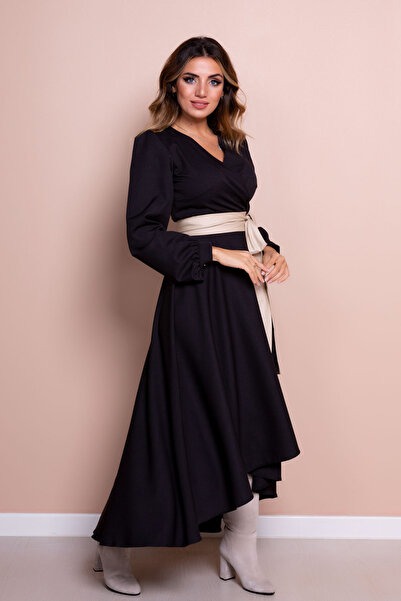 NO48 Rochie neagră cu mânecă lungă, cu croială asimetrică, crem, cu accesorii pentru centură artificială