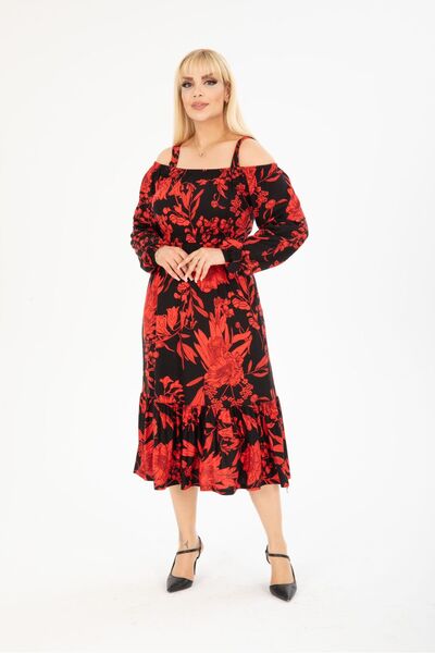 mezura tekstil PLUS SIZE BELOW KNEE LONG SLEEVE MADONNA COLLAR SKIRT Ruffle STYLISH VISCOSE COMBED DRESS