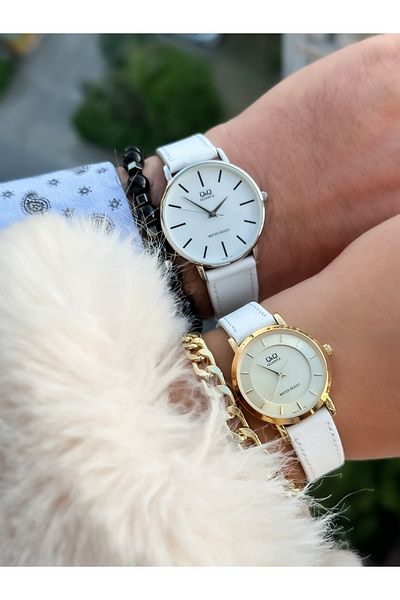 Q&Q Brand White Color, 24 months Warranty, Waterproof, Leather Strap Lover Wristwatches + Bracelet