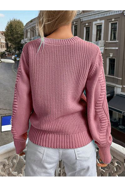 AQE FASHION Selanik Knitted Sleeve Motif Crew Neck Knitwear Sweater PUDRA