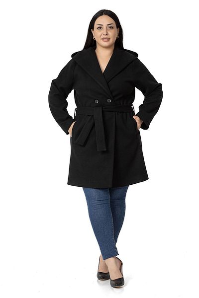 DISENTIS MODEST Large Size Hooded Fleto Pocket Belted Black Coat