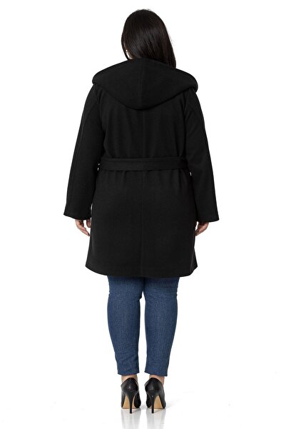 DISENTIS MODEST Large Size Hooded Fleto Pocket Belted Black Coat