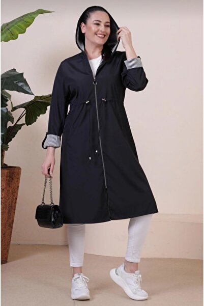 ALLİVA GİYİM kadın Uzun Tesettür Trençkot Büyük Beden Fermuarlı Trenç
