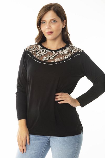 Şans Women's Large Size Black Collar Tulle Embroidery and Stone Detailed Long Sleeve Blouse 65N36860
