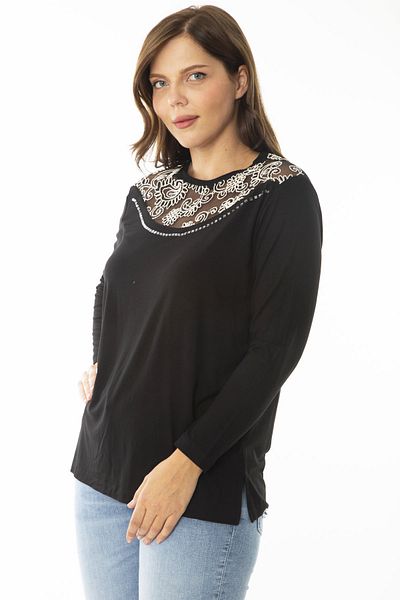 Şans Women's Large Size Black Collar Tulle Embroidery and Stone Detailed Long Sleeve Blouse 65N36860