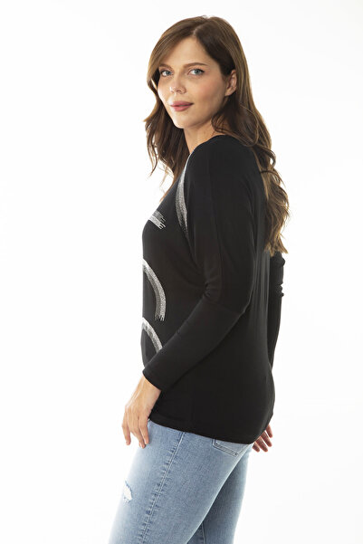 Şans Women's Large Size Black Stone Detailed V-Neck Long Sleeve Blouse 65N36861