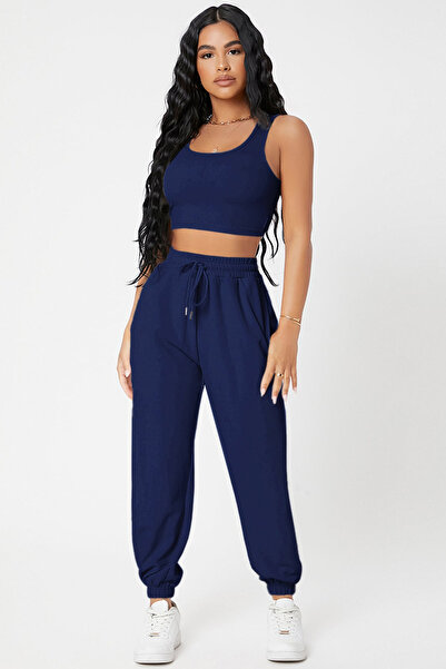 Imoda Kadın Lacivert Kaşkorse Cepli Jogger Eşofman Altı ve Crop Top Bluz