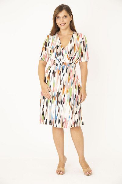 Şans Women's Large Size Colorful Wrap Collar Belted Waist Dress 65N36880