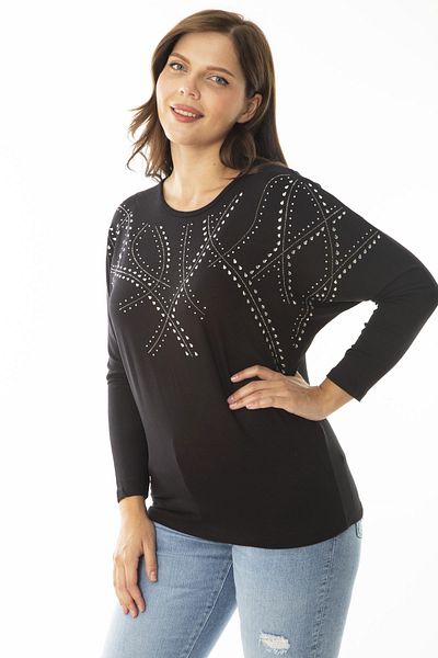 Şans Women's Large Size Black Stone Detailed Bat Sleeve Blouse 65N36862