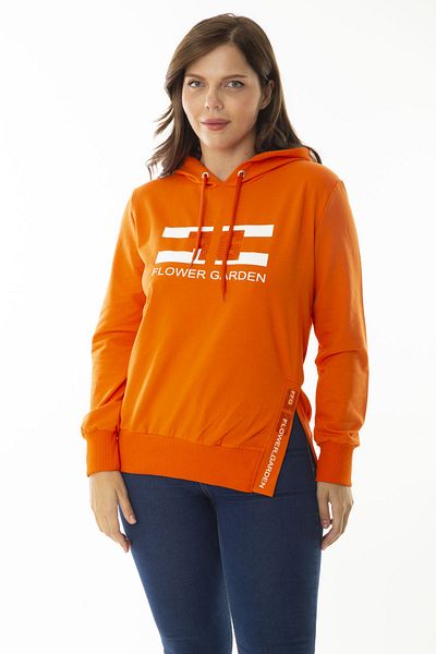 Şans Women's Large Size Orange Stone and Print Detailed Hooded Sweatshirt with Side Slits 65N36867
