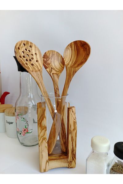 AYSAN Wooden Spoon Olive Wood Set of 3 and Spoon Holder