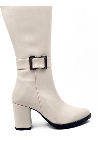 Les Passent Beige Parg Below the Knee Buckle Leather Look Boots