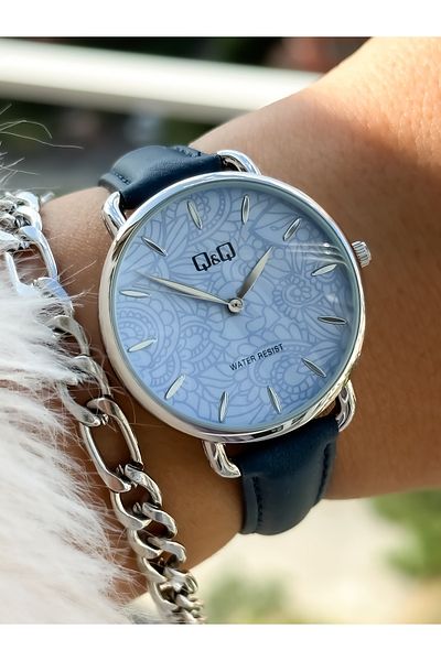 Q&Q Brand Retro Navy Blue Color, 24 Months Warranty, Waterproof, Leather Strap Women's Wristwatch+Bracelet