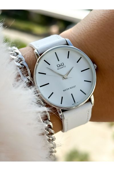 Q&Q Retro White Color Waterproof, Leather Strap Women's Wristwatch+Bracelet