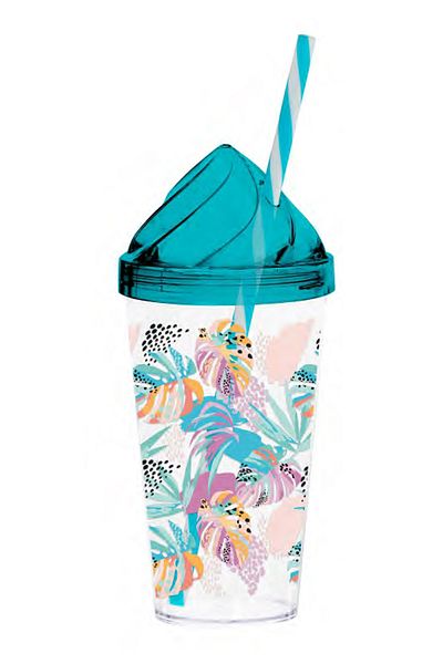 krommet Colorful Leaf Pattern Cream Lid Glass with Straw 660 Cc