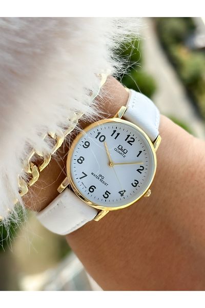 Q&Q Brand Retro White Color, 24 Months Warranty, Waterproof, Leather Strap with Numbers Women's Wristwatch+Bracelet