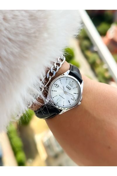 Q&Q Brand Retro Black Color, 24 Months Warranty, Waterproof, Leather Strap with Numbers Women's Wristwatch+Bracelet